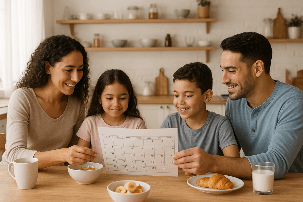 Family checking calendar